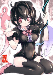 Rule 34 | 1girl, bad id, bad pixiv id, black hair, black thighhighs, breasts, female focus, houjuu nue, polearm, red eyes, rondo bell, short hair, snake, solo, thighhighs, touhou, weapon, wings, zettai ryouiki