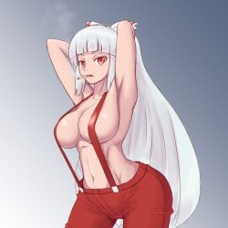 Rule 34 | 1girl, arched back, armpits, arms behind head, arms up, bow, breasts, cigarette, dashigarayama, fujiwara no mokou, gradient background, grey background, groin, hair bow, hip focus, large breasts, long hair, looking at viewer, no bra, no shirt, red eyes, silver hair, simple background, smoking, suspenders, toned, touhou, very long hair