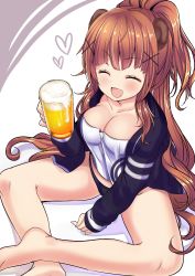 Rule 34 | 1girl, :d, ^ ^, alcohol, animal ears, bad id, bad pixiv id, bear, bear ears, beer, beer mug, between legs, black panties, blush, breasts, brown hair, closed eyes, collarbone, cup, fang, hair ornament, hand between legs, haruta (806060), heart, holding, holding cup, indian style, jacket, large breasts, long hair, looking at viewer, mug, open clothes, open jacket, open mouth, original, panties, personification, ponytail, sitting, smile, solo, teeth, thighs, underwear, very long hair, wavy hair, x hair ornament