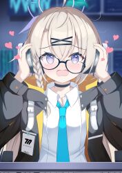 Rule 34 | 1girl, @ @, a4 takahashi, absurdres, ahoge, black-framed eyewear, black choker, black jacket, blonde hair, blue archive, blue necktie, blush, braid, choker, collared shirt, commentary request, glasses, hair ornament, hairclip, halo, hands on headphones, hands up, headphones, heart, highres, id card, indoors, jacket, kotama (blue archive), long hair, long sleeves, millennium science school logo, necktie, on chair, open clothes, open jacket, open mouth, puffy long sleeves, puffy sleeves, purple eyes, purple halo, shirt, side braid, sitting, solo, tearing up, two-sided fabric, two-sided jacket, white shirt