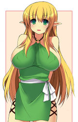 Rule 34 | 00s, 1girl, arms behind back, bare shoulders, blonde hair, breasts, cowboy shot, elf, covered erect nipples, female focus, green eyes, halterneck, huge breasts, kyoku tou, long hair, open mouth, pointy ears, solo, tiffania westwood, very long hair, zero no tsukaima