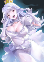 Rule 34 | 1girl, :d, blush, breasts, choker, cleavage, collarbone, commentary request, crown, dress, gloves, highres, large breasts, long hair, luigi&#039;s mansion, mario (series), new super mario bros. u deluxe, nintendo, nukkoru, open mouth, princess king boo, red eyes, sharp teeth, smile, solo, super crown, teeth, white choker, white dress, white gloves, white hair