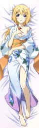 Rule 34 | 10s, 1girl, absurdres, barefoot, bed sheet, blonde hair, blush, breasts, charlotte dunois, d:, dakimakura (medium), feet, female focus, full body, highres, huge filesize, infinite stratos, japanese clothes, jewelry, kimono, legs, long image, long legs, lying, necklace, off shoulder, official art, on back, open mouth, purple eyes, solo, tall image