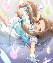 Rule 34 | 1girl, blue bow, blue dress, bow, brown eyes, brown hair, child, dress, gloves, hair bow, highres, ichihara nina, idolmaster, idolmaster cinderella girls, khell, legs, long hair, multicolored clothes, multicolored dress, open mouth, signature, very long hair, white dress, white gloves