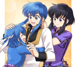 Rule 34 | 1boy, 2girls, aged up, alternate costume, betabetamaru, black hair, black shirt, blue eyes, blue hair, blue shirt, blush, child, closed eyes, closed mouth, commentary request, commission, father and daughter, fire emblem, fire emblem: genealogy of the holy war, gold trim, hair between eyes, highres, hug, husband and wife, if they mated, jewelry, larcei (fire emblem), long hair, long sleeves, looking at another, mother and daughter, multiple girls, necklace, nintendo, open mouth, ponytail, purple eyes, purple shirt, sash, seliph (fire emblem), shirt, short hair, short hair with long locks, short sleeves, sidelocks, skeb commission, smile, two-tone shirt, very long hair, white shirt