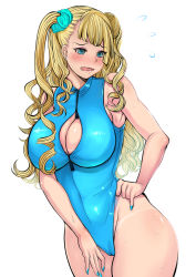 Rule 34 | 10s, 1girl, asymmetrical hair, bare shoulders, blonde hair, blue eyes, blush, breasts, cameltoe, cleavage, cleavage cutout, cleft of venus, clothing cutout, curvy, female focus, front zipper swimsuit, galko, hair bun, highres, huge breasts, long hair, meme attire, niu ju (orange bull), one-piece swimsuit, one side up, open mouth, oshiete! galko-chan, otzer, scrunchie, side bun, single side bun, solo, sweat, swimsuit, thick thighs, thighs, wavy hair, wide hips