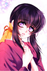 Rule 34 | 00s, 1girl, basilisk (manga), black hair, eyelashes, hands on own chest, head tilt, iga oboro, japanese clothes, kimono, lips, looking at viewer, lowres, momochio, own hands together, parted lips, ponytail, purple eyes, solo, upper body