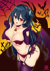 Rule 34 | 1girl, artist logo, ass, bare tree, bat (animal), bikini, black choker, black hair, blue ribbon, breasts, breasts squeezed together, choker, cleavage, clothing cutout, commentary, cowboy shot, elbow gloves, frown, garter straps, gloves, graveyard, hair ribbon, heart cutout, huge ass, jack-o&#039;-lantern ornament, large breasts, leaning forward, long hair, looking at viewer, navel, nyanmaru (ememing), open mouth, original, panties, purple bikini, purple gloves, purple thighhighs, red eyes, ribbon, silk, solo, spider web, standing, strapless, strapless bikini, sweatdrop, swimsuit, symbol-only commentary, thighhighs, tree, twitter username, two side up, underwear, very long hair