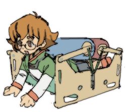 Rule 34 | 1girl, :d, brown eyes, brown hair, glasses, green shirt, jaggy lines, long sleeves, lying, meme, multicolored shirt, on stomach, open mouth, orange shirt, pantsu-ripper, pidge gunderson, sensory roller, shirt, shorts, simple background, smile, solo, voltron: legendary defender, voltron (series), white background, white shirt