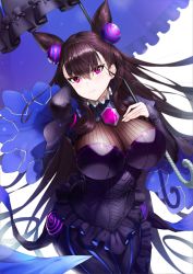 Rule 34 | 1girl, absurdres, black dress, breasts, brown hair, closed mouth, cone hair bun, double bun, dress, fate/grand order, fate (series), frills, greem bang, hair between eyes, hair bun, hair ornament, hand in own hair, hand on own chest, highres, huge filesize, large breasts, long hair, long sleeves, looking at viewer, murasaki shikibu (fate), puffy sleeves, purple eyes, simple background, solo, umbrella, very long hair, white background