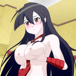 Rule 34 | 10s, 1girl, absurdres, akame (akame ga kill!), akame ga kill!, arm guards, black hair, blush, grabbing another&#039;s breast, breasts, grabbing, highres, large breasts, naked necktie, necktie, nipples, nude, red eyes, solo