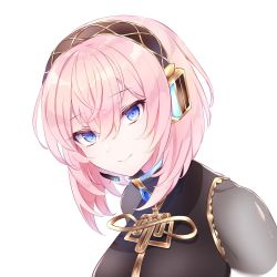 Rule 34 | 1girl, alternate hair length, alternate hairstyle, black shirt, blouse, blue eyes, brooch, commentary, gold trim, headphones, jewelry, kkr rkgk, light smile, looking at viewer, megurine luka, pink hair, see-through, see-through sleeves, shirt, short hair, solo, upper body, vocaloid, white background