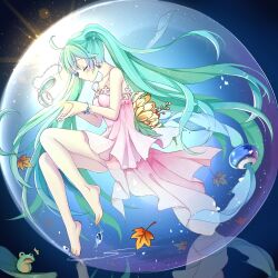 Rule 34 | 1girl, absurdly long hair, absurdres, ahoge, barefoot, blue hair, bracelet, breasts, clock, closed eyes, closed mouth, dress, earrings, floating hair, flower, frog, from side, full body, gyaza, hair between eyes, hatsune miku, highres, jewelry, leaf, long hair, pink dress, sleeveless, sleeveless dress, small breasts, solo, twintails, very long hair, vocaloid, yellow flower