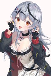 Rule 34 | 1girl, belt, belt collar, black belt, black collar, black gloves, black hair, black jacket, braid, breasts, camisole, chest belt, cleavage, collar, commentary request, fang, fingerless gloves, gloves, grey hair, hair ornament, hairpin, heart belt, highres, hololive, jacket, large breasts, long hair, looking at viewer, multicolored clothes, multicolored hair, multicolored jacket, open mouth, posom, red eyes, red jacket, sakamata chloe, single braid, streaked hair, tongue, tongue out, two-tone jacket, virtual youtuber, white camisole, x hair ornament