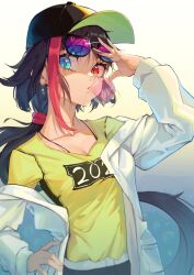 Rule 34 | 1girl, baseball cap, black hair, breasts, chewing gum, earrings, glasses on head, hat, heterochromia, jacket, jewelry, long hair, luomuzhen, original, small breasts