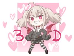Rule 34 | 1girl, ahoge, animal ear legwear, asymmetrical legwear, bare shoulders, black footwear, black jacket, black skirt, brown hair, cat ear legwear, chibi, collar, commentary request, demon wings, full body, grin, hands on own hips, heart, jacket, kadose ara, long sleeves, looking at viewer, makaino ririmu, makaino ririmu (2nd costume), mismatched legwear, nijisanji, off-shoulder jacket, off shoulder, pink background, pointy ears, red collar, red eyes, red wings, ribbon-trimmed skirt, ribbon trim, shoes, skirt, sleeves past fingers, sleeves past wrists, smile, solo, striped clothes, striped thighhighs, thighhighs, two-tone background, two side up, v-shaped eyebrows, virtual youtuber, white background, wings