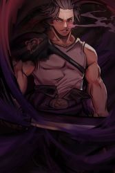 Rule 34 | absurdres, black clover, black hair, capelet, cigarette, darkness, highres, holding, holding sword, holding weapon, katana, muscular, muscular male, smoking, sword, tank top, torn capelet, torn clothes, vlalalady, weapon, white tank top, yami sukehiro