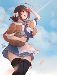 Rule 34 | 1girl, ahoge, artist name, basket, black thighhighs, blue eyes, blue sailor collar, blue skirt, blush, brown hair, brown shawl, chougei (kancolle), dated, feet out of frame, highres, holding, holding basket, kantai collection, kirisawa juuzou, neckerchief, open mouth, pleated skirt, sailor collar, shawl, short hair, short sleeves, signature, skirt, smile, solo, thighhighs, white neckerchief