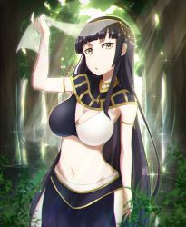 Rule 34 | 1girl, :o, black hair, black skirt, blunt bangs, breasts, chiba mochi, cleavage, egyptian clothes, eyebrows hidden by hair, forest, hair behind ear, highres, large breasts, long hair, looking at viewer, nature, navel, open mouth, original, skirt, solo, veil, veil lift, very long hair, yellow eyes