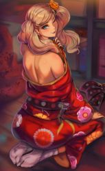 Rule 34 | 1girl, ;), absurdres, blonde hair, blue eyes, breasts, closed mouth, clothes down, earrings, flower, hair flower, hair ornament, hair over shoulder, head tilt, highres, japanese clothes, jewelry, kimono, kneeling, long hair, looking at viewer, looking back, medium breasts, one eye closed, orange flower, persona, persona 5, red kimono, sideboob, smile, solo, swept bangs, tabi, takamaki anne, toasty scones, white legwear