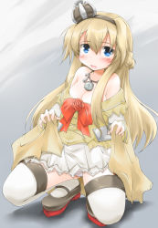 Rule 34 | 1girl, anbee (arary), bare shoulders, black footwear, blonde hair, blue eyes, blush, bow, braid, breasts, cameltoe, cleavage, clothes lift, crown, dress, dress lift, female focus, flower, french braid, full body, grey background, highres, jewelry, kantai collection, lifted by self, long hair, looking at viewer, medium breasts, mini crown, necklace, off shoulder, open mouth, panties, red bow, red flower, red rose, rose, shoes, simple background, smile, solo, spread legs, squatting, thighhighs, underwear, warspite (kancolle), white panties, white thighhighs, yellow dress