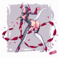 Rule 34 | 1girl, ass, bad id, bad pixiv id, black hair, black panties, black thighhighs, bodysuit, boots, breasts, demon girl, demon horns, demon tail, female focus, grey eyes, high heel boots, high heels, highres, horns, jewelry, jjune, large breasts, multicolored hair, necklace, no bra, original, panties, pendant, silver hair, solo, split-color hair, tail, thigh boots, thighhighs, two-tone hair, underwear, weapon, whip, whip sword