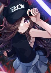 1girl absurdres animal_ears baseball_cap black_bridal_gauntlets black_hat black_shirt blue_skirt blurry blurry_background blush breasts bridal_gauntlets brown_hair closed_mouth commentary_request cowboy_shot ears_through_headwear frown hair_over_one_eye hat highres horse_ears horse_girl horse_tail long_hair medium_breasts miniskirt official_alternate_costume one_eye_covered pink_eyes pleated_skirt rice_shower_(boc&#039;z)_(umamusume) rice_shower_(umamusume) shirt single_bridal_gauntlet skirt sleeveless sleeveless_shirt solo tail umamusume yu-muge