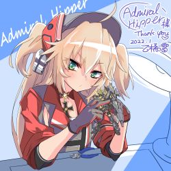 Rule 34 | 1girl, admiral hipper (azur lane), azur lane, blonde hair, cross, dated, desk, gloves, green eyes, grey gloves, hair between eyes, headgear, highres, holding, holding toy, instrument, iron cross, lamp, long hair, looking at viewer, ototachibana rai, red gloves, signature, solo, toy, two-tone gloves
