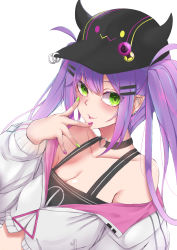 Rule 34 | 1girl, absurdres, ahoge, baseball cap, black choker, black tank top, blush, breasts, choker, cleavage, commentary, crop top, ear piercing, fake horns, green eyes, green nails, hair between eyes, hair ornament, hairclip, hand to own mouth, hat, highres, hololive, horned headwear, horns, jacket, long hair, looking at viewer, midriff, mirai&#039;g, multicolored hair, multicolored nails, nail polish, o-ring, o-ring choker, off shoulder, piercing, pink hair, purple hair, purple nails, simple background, small breasts, smile, solo, streaked hair, tank top, tokoyami towa, tongue, tongue out, twintails, two-tone hair, upper body, virtual youtuber, white background, white jacket