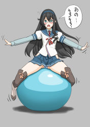 Rule 34 | 1girl, ball, black hair, blue panties, blue sailor collar, blue skirt, commentary request, exercise ball, full body, glasses, green eyes, hairband, highres, hip vent, kantai collection, lace, lace-trimmed legwear, lace trim, long hair, looking at viewer, neckerchief, ooyodo (kancolle), outstretched arms, panties, red neckerchief, riding, sailor collar, school uniform, semi-rimless eyewear, serafuku, skirt, solo, straddling, t2r, thighhighs, under-rim eyewear, underwear, white panties