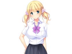 Rule 34 | 1girl, ayase hazuki, blonde hair, blue eyes, blush, bow, breasts, collared shirt, cowboy shot, eyebrows, game cg, grey skirt, hanazono yuka, large breasts, looking at viewer, nise bitch, school uniform, serious, shirt, short sleeves, simple background, skirt, solo, standing, twintails, white background