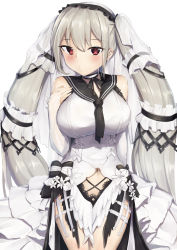 Rule 34 | 1girl, azur lane, bare shoulders, black choker, black neckwear, black sailor collar, bow, breasts, bridal gauntlets, choker, clothing cutout, cowboy shot, dress, dress bow, elbow gloves, feather dress, formidable (azur lane), formidable (timeless classics) (azur lane), gloves, hand on own chest, highres, large breasts, long hair, looking at viewer, navel cutout, nori aji, official alternate costume, red eyes, sailor collar, see-through, silver hair, simple background, sleeveless, sleeveless dress, solo, twintails, two-tone dress, two-tone ribbon, veil, very long hair, white background, white dress