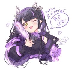 Rule 34 | 1girl, black hair, black jacket, black shirt, blunt bangs, blush, bow, breasts, cleavage, closed mouth, commentary request, demon girl, demon horns, glowstick, heart, heart print, holding, holding glowstick, horns, ittokyu, jacket, kojo anna, kojo anna (1st costume), long hair, long sleeves, looking at viewer, medium breasts, multicolored hair, nanashi inc., one eye closed, pointy ears, print shirt, purple bow, purple hair, see-through, see-through cleavage, shirt, simple background, sleeveless, sleeveless shirt, smile, solo, sugar lyric, tongue, tongue out, translation request, twintails, two-tone hair, upper body, virtual youtuber, white background, yellow eyes