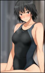 Rule 34 | 1girl, amagami, bare arms, bare shoulders, black eyes, black hair, black one-piece swimsuit, blue one-piece swimsuit, blush, bob cut, breasts, brown eyes, closed mouth, collarbone, competition swimsuit, looking at viewer, medium breasts, mobu, nanasaki ai, one-piece swimsuit, short hair, sitting, solo, swimsuit, two-tone swimsuit