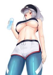 Rule 34 | 1girl, azur lane, bare arms, bare shoulders, black hat, blue pants, blush, bottle, breasts, closed mouth, cowboy shot, from below, giulio cesare (azur lane), giulio cesare (fitness master) (azur lane), grey hair, hat, highres, large breasts, looking down, navel, official alternate costume, pants, pants under shorts, ponytail, red eyes, shorts, simple background, sleeveless, solo, thighs, underboob, vik (xypt7474), water bottle, white background, white shorts
