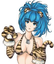 Rule 34 | 1girl, alternate costume, animal ears, animal hands, animal print, bare shoulders, bikini, blue eyes, blue hair, breasts, dog tags, fake animal ears, gloves, ikari hime, leona heidern, paw gloves, paw pose, ponytail, simple background, snk, solo, swimsuit, tail, the king of fighters, tiger ears, tiger print, tiger tail, white background