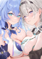 Rule 34 | 2girls, absurdres, adapted costume, aqua eyes, armpit crease, bare shoulders, bikini, black bow, black hairband, blue eyes, blush, bow, breasts, cleavage, collar, collarbone, commentary request, detached collar, detached sleeves, earrings, firefly (honkai: star rail), frilled collar, frills, hair between eyes, hair bow, hairband, head wings, highres, honkai: star rail, honkai (series), jewel under eye, jewelry, large breasts, long hair, looking at viewer, machi (7769), multiple girls, parted lips, purple collar, purple eyes, purple sleeves, robin (honkai: star rail), sidelocks, smile, swimsuit, two-tone eyes, upper body, wet, white bikini, white collar, white hair, wings