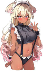 Rule 34 | 1girl, black panties, black ribbon, blonde hair, blush, breasts, commentary request, copyright request, crop top, cropped legs, dark-skinned female, dark skin, dated, gradient hair, hair between eyes, hand up, highres, large breasts, long hair, looking at viewer, maid headdress, midriff, multicolored hair, navel, neck ribbon, panties, pink hair, purple eyes, ribbon, shirt, simple background, sleeveless, sleeveless shirt, solo, standing, suspenders, trente, twitter username, two side up, underwear, white background, wrist cuffs