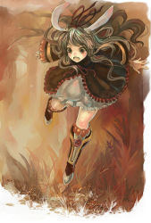 Rule 34 | 1girl, :d, animal ears, boots, brown hair, rabbit ears, dress, leg up, long hair, open mouth, original, red eyes, smile, solo, sweetwitch