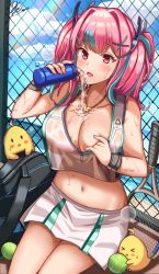 Rule 34 | 1girl, aqua hair, azur lane, bad id, bad pixiv id, ball, bottle, breasts, bremerton (azur lane), bremerton (scorching-hot training) (azur lane), chain-link fence, cleavage, crop top, crop top overhang, fence, hair ornament, heart, heart necklace, hinen, jewelry, large breasts, manjuu (azur lane), midriff, miniskirt, multicolored hair, necklace, no mole, official alternate costume, pink eyes, pink hair, pouring, pouring onto self, racket, see-through, shirt, skirt, sleeveless, sleeveless shirt, sportswear, streaked hair, tennis ball, tennis racket, tennis uniform, two-tone hair, two-tone shirt, two-tone skirt, water bottle, wet, wet clothes, wet shirt, x hair ornament