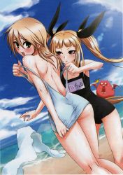 Rule 34 | 2girls, arc system works, ass, assisted exposure, back, beach, blazblue, blazblue: calamity trigger, blonde hair, breasts, clothes pull, covering ass, covering privates, day, embarrassed, gii, green eyes, highres, hip focus, long hair, multiple girls, naughty face, noel vermillion, official art, one-piece swimsuit, one-piece swimsuit pull, phonecard, pulling another&#039;s clothes, rachel alucard, red eyes, ribbon, scan, scan artifacts, school swimsuit, small breasts, strap pull, swimsuit, twintails, vampire, wide hips, yuri