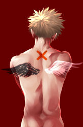 Rule 34 | 1boy, back, back focus, bad id, bad pixiv id, bakugou katsuki, black wings, blonde hair, boku no hero academia, commentary request, facing away, from behind, male focus, nude, red background, short hair, simple background, solo, spiked hair, tattoo, toned, toned male, tonomayo, transparent, upper body, white wings, wings