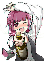 Rule 34 | 1girl, @ @, black nails, blush, bocchi the rock!, bottle, hiroi kikuri, holding, holding bottle, jacket, looking at viewer, open clothes, open jacket, open mouth, purple hair, sharp teeth, simple background, solo, teeth, torako (toramaru), upper body, white background
