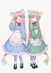 Rule 34 | 2girls, :d, animal ear fluff, animal ears, apron, black footwear, black ribbon, blue bow, blue dress, blue eyes, blue hairband, blue ribbon, bow, breasts, brown eyes, brown hair, cat ears, cat girl, cat tail, closed mouth, collared dress, commentary request, dress, ear piercing, fang, frilled apron, frilled dress, frilled hairband, frills, green bow, green dress, green hairband, green ribbon, grey background, hair bow, hairband, half-closed eyes, hand in own hair, hand up, highres, long sleeves, mole, mole under eye, mole under mouth, multiple girls, neck ribbon, open mouth, original, own hands together, pantyhose, piercing, pink hair, puffy long sleeves, puffy sleeves, ribbon, ryokucha manma, shoes, simple background, small breasts, smile, tail, tail raised, thick eyebrows, white apron, white pantyhose