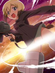 Rule 34 | 1girl, bad id, bad pixiv id, blonde hair, blue eyes, censored, convenient censoring, erica hartmann, female focus, gun, military, military uniform, no panties, open mouth, outdoors, short hair, sky, solo, strike witches, striker unit, tail, tonbi, uniform, weapon, world witches series