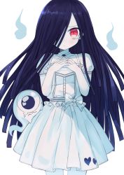 Rule 34 | 1girl, black hair, blush, bow, closed mouth, cyclops, dress, ghost, hair over one eye, hands up, highres, hitodama, ketopon, long hair, looking at viewer, one-eyed, original, pale skin, pleated dress, puffy short sleeves, puffy sleeves, short sleeves, simple background, solo, very long hair, white background, white bow, white dress