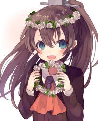 Rule 34 | 10s, 1girl, blue eyes, brown eyes, flower, gradient background, hair between eyes, kantai collection, kumano (kancolle), ponytail, shugao, smile, solo