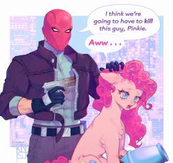 Rule 34 | black gloves, blue eyes, border, commentary, cowboy shot, dc comics, dianna knst, english commentary, english text, gloves, gun, hand in another&#039;s hair, highres, i think we&#039;re gonna have to kill this guy steven (meme), jason todd, meme, my little pony, my little pony: friendship is magic, pink fur, pink hair, red hood (dc), red mask, speech bubble, teeth, weapon, white border