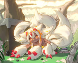 Rule 34 | 1girl, absurdres, all fours, blunt bangs, chinese commentary, collarbone, commentary request, extra arms, faputa, flower, full body, glint, grass, hair flaps, highres, looking at viewer, made in abyss, medium hair, monster girl, multiple tails, on grass, open mouth, orange eyes, outdoors, ringed eyes, rock, sharp teeth, smile, solo, sparkle, tail, teeth, white flower, white hair, wucai banlan yu