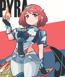 Rule 34 | 1girl, absurdres, aegis sword (xenoblade), alternate color, black gloves, bob cut, breasts, chest jewel, earrings, fingerless gloves, gem, gloves, headpiece, highres, jewelry, large breasts, omura zojiki, pantyhose, pantyhose under shorts, pyra (xenoblade), red eyes, red hair, short hair, short shorts, shorts, solo, swept bangs, sword, thighhighs, tiara, weapon, xenoblade chronicles (series), xenoblade chronicles 2